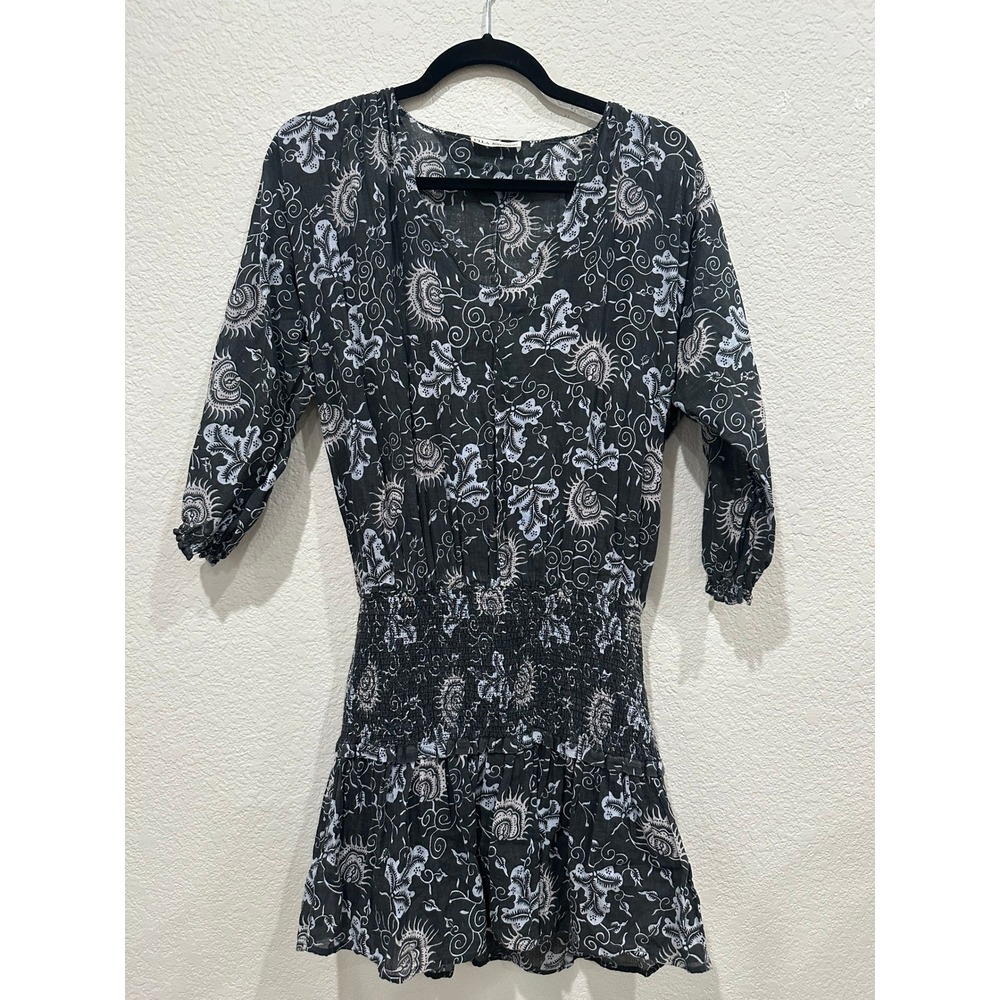 Ulla Johnson Black Floral Print Smocked Waist V-Neck Mini Dress Cotton Gauze